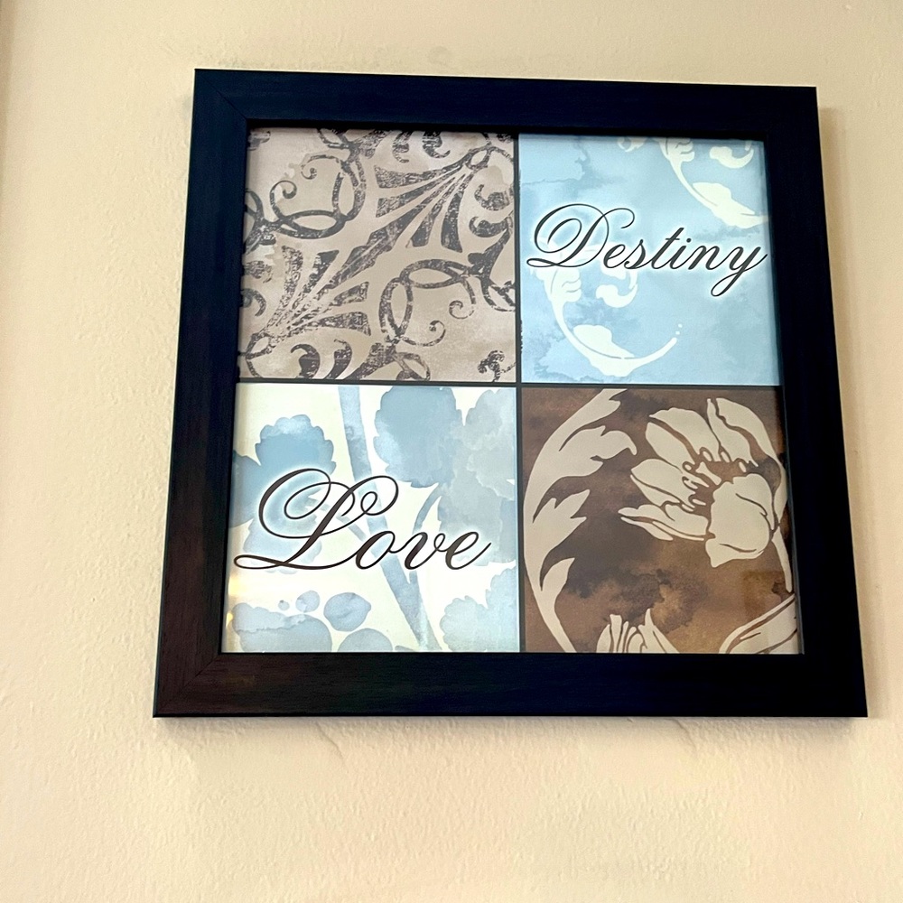 12x12 destiny/love blue and beige framed wall art. $10 obo from Ashley’s.